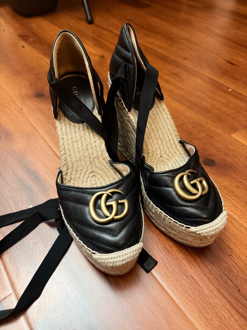 Gucci Black Leather GG Espadrille Wedge Sandals with Gold Logo
